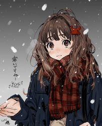 Rule 34 | 1girl, artist name, brown eyes, brown hair, commentary request, fusuma (nohbrk), hair ornament, hairclip, highres, charm (object), long hair, messy hair, original, simple background, snow, solo, squatting, stuffed animal, stuffed toy, watch