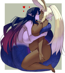 Rule 34 | 2girls, absurdres, belly, black hair, black sclera, breast press, breasts, brown background, colored sclera, colored skin, completely nude, dark-skinned female, dark skin, expressionless, eye contact, final fantasy, final fantasy xiv, gradient hair, grey background, heart, highres, hug, huge breasts, kiss, kouno (masao), lamia, looking at another, monster girl, multicolored hair, multiple girls, nude, pointy ears, ponytail, profile, purple skin, rabbit ears, red hair, shiny skin, tail around waist, viera, white hair, yellow eyes, yuri