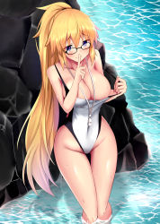 Rule 34 | 1girl, against rock, blonde hair, blue eyes, clothes pull, commentary request, competition swimsuit, fate/apocrypha, fate/grand order, fate (series), finger to mouth, glasses, gluteal fold, highleg, highleg swimsuit, highres, index finger raised, jeanne d&#039;arc (fate), jeanne d&#039;arc (ruler) (fate), jeanne d&#039;arc (swimsuit archer) (fate), jeanne d&#039;arc (swimsuit archer) (second ascension) (fate), looking at viewer, minato yoshihiro, one-piece swimsuit, one-piece swimsuit pull, ponytail, rock, solo, swimsuit, thigh gap, water, whistle, whistle around neck, white one-piece swimsuit