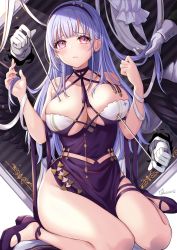 Rule 34 | 1girl, absurdres, azur lane, bare legs, bare shoulders, black hairband, blush, breasts, cleavage, closed mouth, cokecoco, collarbone, commentary request, crying, crying with eyes open, dido (anxious bisque doll) (azur lane), dido (azur lane), disembodied hand, dress, frown, gloves, hairband, halter dress, halterneck, hand up, hands up, high heels, highres, large breasts, long hair, long sleeves, looking at viewer, pelvic curtain, purple dress, purple eyes, purple footwear, signature, silver hair, sitting, sleeveless, sleeveless dress, tears, thigh strap, thighs, unaligned breasts, w arms, wariza, white gloves