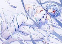 Rule 34 | 1girl, ayanami rei, bandaged arm, bandages, blue hair, bodysuit, breasts, cluseller, eyepatch, from side, hairpods, interface headset, light blue hair, lying, neon genesis evangelion, on bed, on side, pilot suit, plugsuit, red eyes, short hair, small breasts, solo, turtleneck, white bodysuit