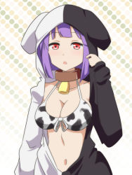 Rule 34 | 1girl, :o, alternate costume, animal hood, animal print, bell, bikini, bikini top only, bikini under clothes, breasts, cato (monocatienus), cleavage, collar, collarbone, commentary request, cow print, cowbell, front-tie bikini top, front-tie top, hand up, hood, hood up, hoodie, large breasts, looking at viewer, nagae iku, neck bell, open clothes, open hoodie, print bikini, purple hair, red eyes, short hair, simple background, solo, swimsuit, touhou, upper body