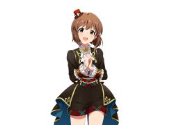 1girl brightest_showcase_(idolmaster) brown_eyes brown_hair bug butterfly hagiwara_yukiho hat idol_clothes idolmaster idolmaster_million_live! idolmaster_million_live!_theater_days insect jewelry mini_hat necklace official_art open_mouth own_hands_clasped pearl_necklace short_shorts shorts solo transparent_background