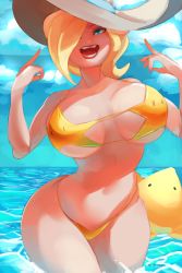 Rule 34 | 1girl, 1other, absurdres, alternate breast size, bare arms, bare shoulders, bikini, blonde hair, blue eyes, breasts, curvy, day, hair over one eye, hat, highres, large breasts, looking at viewer, luma (mario), mario (series), medium hair, milkriot, nintendo, ocean, open mouth, partially submerged, pointing, rosalina, smile, solo, star-shaped bikini, sun hat, super mario bros. 1, super mario galaxy, swimsuit, teeth, thighs, water, wide hips, yellow bikini