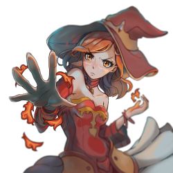 Rule 34 | 1girl, absurdres, bare shoulders, blurry, blurry background, breasts, choker, cleavage, closed mouth, dota (series), dota 2, dress, facepaint, fingernails, fire, hat, highres, lina inverse (dota 2), long hair, looking at viewer, orange eyes, orange hair, outstretched arm, red dress, red hat, red sleeves, sleeveless, sleeveless dress, solo, v-shaped eyebrows, white background, witch hat, yukionetwo