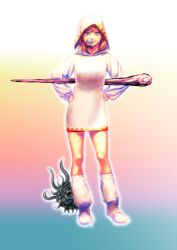 Rule 34 | 1girl, blue eyes, boots, breasts, commentary request, dress, final fantasy, final fantasy v, highres, hood, lenna charlotte tycoon, medium hair, monster, non (nonbiriya mini), one-eyed, open mouth, pink hair, robe, solo, staff, weapon, white mage (final fantasy)