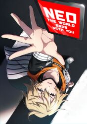 Rule 34 | 1boy, absurdres, blonde hair, copyright name, from above, highres, jacket, kanade rindou, looking at viewer, male focus, mask, mouth mask, open mouth, reaching, reaching towards viewer, shin subarashiki kono sekai, shoes, short hair, sneakers, solo, standing, subarashiki kono sekai, tokiceman