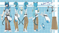 Rule 34 | 1boy, alternate costume, animal ear headphones, animal ears, animal hands, blue hair, blue scarf, bow, cat boy, cat ear headphones, cat ears, cat tail, diagram, fake animal ears, headphones, headset, kaito (vocaloid), male focus, microphone, navel, pants, scarf, shoes, short sleeves, tail, vocaloid, wristband