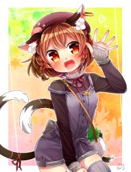 Rule 34 | 1girl, alternate costume, alternate hairstyle, animal ears, autumn, bag, beret, blush, braid, breasts, brown hair, buttons, cat ears, cat tail, chen, cowboy shot, earrings, eyebrows, fangs, hair tie, handbag, hat, heart, highres, ibaraki natou, jewelry, leaf, leaf background, long sleeves, looking at viewer, multicolored eyes, multiple tails, nekomata, open mouth, orange eyes, over shoulder, overall shorts, overalls, paw print, purple hat, red pupils, red ribbon, ribbon, satchel, small breasts, solo, strap slip, sweater, tail, tail ornament, tail ribbon, teeth, thighhighs, touhou, turtleneck, twin braids, two tails, waving, yellow eyes