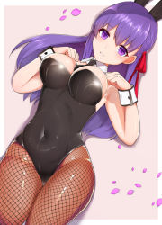 Rule 34 | 1girl, animal ears, black leotard, black necktie, border, breasts, brown pantyhose, cherry blossoms, commentary request, covered navel, cowboy shot, detached collar, fake animal ears, fate/stay night, fate (series), fishnet pantyhose, fishnets, hair ribbon, leotard, long hair, looking at viewer, lying, matou sakura, medium breasts, nanasumi (pantie party project), necktie, pantyhose, parted lips, petals, pink background, playboy bunny, purple eyes, purple hair, rabbit ears, rabbit tail, red ribbon, ribbon, solo, strapless, strapless leotard, tail, thigh gap, two-tone background, white border, wrist cuffs