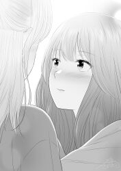 Rule 34 | 2girls, blush, closed mouth, commentary request, greyscale, highres, long hair, looking at another, monochrome, multiple girls, original, saone kushima, signature, upper body, yuri