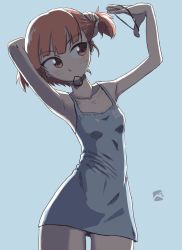 Rule 34 | 1girl, adjusting hair, arm behind head, arms up, artist logo, blue background, blue dress, breasts, casual, covered navel, dress, emblem, girls und panzer, hair down, hair tie, hair tie in mouth, highres, holding, holding hair, kainushi, leaning to the side, looking to the side, mikko (girls und panzer), mouth hold, one-hour drawing challenge, red eyes, red hair, short dress, short hair, small breasts, solo, spaghetti strap, standing