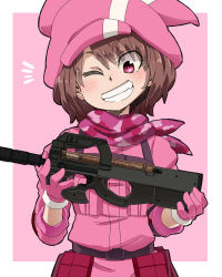 Rule 34 | 1girl, animal hat, aono3, bandana, belt, black belt, brown hair, bullpup, commentary request, gloves, grin, gun, hat, highres, holding, holding gun, holding weapon, jacket, llenn (sao), long sleeves, notice lines, outside border, p-chan (p90), pink background, pink bandana, pink eyes, pink gloves, pink hat, pink jacket, rabbit hat, short hair, smile, solo, submachine gun, sword art online, sword art online alternative: gun gale online, tactical clothes, utility belt, weapon