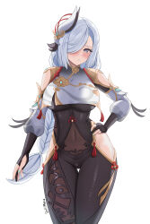 Rule 34 | 1girl, absurdres, blue eyes, blush, bodysuit, braid, breast curtain, breasts, covered navel, dokimaru, fingernails, genshin impact, grey hair, hair ornament, hair over one eye, hand on own hip, highres, hip vent, large breasts, looking at viewer, low-braided long hair, low-tied long hair, nail polish, parted lips, shenhe (genshin impact), simple background, skin tight, solo, tassel, thigh gap, white background, wide hips