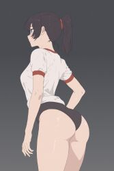Rule 34 | 1girl, absurdres, ass, black background, black buruma, blue eyes, breasts, brown hair, buruma, closed mouth, commentary request, from behind, gradient background, gym uniform, highres, long hair, original, ponytail, scalari126, shiny skin, short sleeves, simple background, small breasts, solo, thighs