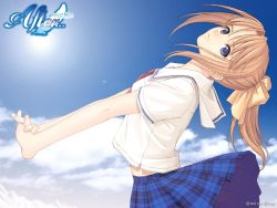 Rule 34 | 00s, 1girl, after (game), after sweet kiss, arched back, blonde hair, blue eyes, bow, brown hair, cloud, day, hair bow, midriff, plaid, plaid skirt, ponytail, school uniform, serafuku, shiomiya kanami, skirt, sky, smile, solo, stretching, tony taka, wallpaper, wind, wind lift