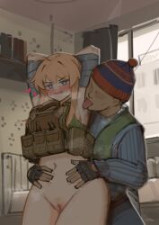 Rule 34 | 1boy, 1girl, absurdres, ahoge, ammunition pouch, beanie, blonde hair, blonde pubic hair, blue eyes, blush, bound, escape from tarkov, faceless, faceless male, green sports bra, groping, hair between eyes, hat, heavy breathing, highres, indie virtual youtuber, indoors, kitchen, licking, licking armpit, load bearing vest, mole, mole under eye, pom pom (clothes), pom pom beanie, pouch, sports bra, steaming body, sweater, tape, tape bondage, whiskey project, xerbatt