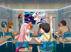 Rule 34 | 10s, 4boys, 4girls, ahoge, albyee, black hair, blonde hair, blue hair, blue shorts, book, brown hair, burger, chair, child, commentary request, darling in the franxx, dress, eraser, food, futoshi (darling in the franxx), glasses, gorou (darling in the franxx), green dress, hand on own chin, hand up, hiro (darling in the franxx), holding, holding food, ichigo (darling in the franxx), kokoro (darling in the franxx), light brown hair, long hair, long sleeves, looking at another, looking back, multiple boys, multiple girls, nana (darling in the franxx), paper, pencil, pink hair, red hair, ribbon, shirt, short hair, short sleeves, shorts, sitting, sleeveless, sleeveless shirt, strelizia, strelizia apus, strelizia true apus, table, zero two (darling in the franxx), zorome (darling in the franxx)