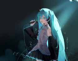 Rule 34 | 1girl, absurdres, aqua eyes, aqua hair, aqua necktie, black skirt, collared shirt, commentary, cowboy shot, detached sleeves, grey shirt, hand up, hatsune miku, headphones, highres, holding, holding microphone, long hair, long sleeves, microphone, music, musical note, necktie, number tattoo, open mouth, pleated skirt, pye yyy, shirt, singing, skirt, sleeveless, sleeveless shirt, solo, symbol-only commentary, tattoo, twintails, very long hair, vocaloid