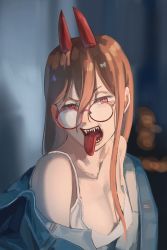 Rule 34 | 1girl, absurdres, bare shoulders, blurry, blurry background, bonsachoi, brown hair, chainsaw man, collarbone, cross-shaped pupils, fangs, film grain, glasses, hair between eyes, highres, horns, long hair, looking at viewer, open mouth, pink-framed eyewear, pink pupils, power (chainsaw man), red eyes, red horns, round eyewear, sharp teeth, solo, symbol-shaped pupils, teeth, tongue, tongue out, upper body