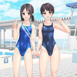 Rule 34 | 2girls, absurdres, black hair, black one-piece swimsuit, blue one-piece swimsuit, blue sky, breasts, brown eyes, cameltoe, cloud, collarbone, commentary request, competition swimsuit, covered navel, day, feet out of frame, highres, lifeguard chair, logo, looking at viewer, low twintails, multiple girls, one-piece swimsuit, original, outdoors, pool, poolside, short hair, sky, small breasts, starting block, swimsuit, takafumi, twintails, v