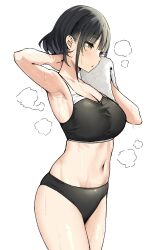 Rule 34 | 1girl, armpits, black buruma, black hair, black shorts, black sports bra, blush, breasts, buruma, cleavage, commentary request, cowboy shot, hair behind ear, hands up, highres, holding, holding towel, large breasts, micro shorts, midriff, mio (sky-freedom), navel, original, short hair, shorts, sidelocks, sky-freedom, solo, sports bra, steaming body, stomach, sweat, towel, wiping face, wiping sweat, yellow eyes