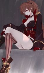Rule 34 | 1girl, ass, asymmetrical footwear, azur lane, black shorts, boots, breasts, brown hair, brown thighhighs, choker, crossed legs, earrings, epaulettes, expressionless, gloves, high heels, highres, jacket, jean bart (azur lane), jewelry, knee boots, long hair, long sleeves, looking at viewer, marshall k, midriff, ponytail, raglan sleeves, red eyes, red gloves, red jacket, short shorts, shorts, single thighhigh, sitting, small breasts, solo, striped clothes, striped thighhighs, thighhighs, thighs, uneven footwear, vertical-striped clothes, vertical-striped thighhighs, very long hair