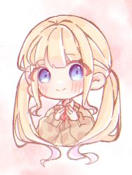Rule 34 | 1girl, baggy clothes, blonde hair, blue eyes, blunt bangs, blush, brown cardigan, cardigan, chibi, closed mouth, collared shirt, commentary, cropped torso, eyes visible through hair, gradient background, gradient eyes, hands on own chest, honeyworks, kokuhaku jikkou iinkai, long hair, looking at viewer, low twintails, multicolored eyes, narumi sena, necktie, pink background, red necktie, school uniform, shigure (user vhpa8874), shirt, sidelocks, smile, solo, sparkle background, twintails, upper body, white background, white shirt