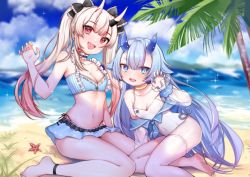 Rule 34 | 2girls, alternate costume, alternate hairstyle, azur lane, beach, blue eyes, blurry, blurry background, breasts, cleavage, collarbone, commentary request, day, fang, hair ribbon, hololive, horns, i-13 (azur lane), long hair, looking at viewer, multiple girls, nakiri ayame, nakiri ayame (hololive summer 2019), navel, ocean, open mouth, palm tree, red eyes, ribbon, sand, school uniform, single thighhigh, skin-covered horns, small breasts, sunege (hp0715), swimsuit, thighhighs, tree, virtual youtuber