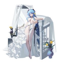 Rule 34 | 1girl, absurdres, alternate costume, alternate eye color, bare legs, bare shoulders, blue eyes, blue hair, blush, breasts, chinese commentary, cleavage, closed eyes, closed mouth, collarbone, commentary request, covered navel, dress, dududu (flying-corpses), flower, frilled dress, frills, ganyu (genshin impact), genshin impact, gloves, hair flower, hair ornament, highres, large breasts, long hair, looking at viewer, mirror, pelvic curtain, railing, single glove, smile, solo, stairs, standing, thigh strap, vase, very long hair, white dress, white gloves, yellow flower