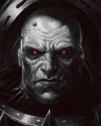 Rule 34 | 1boy, armor, bald, black armor, chaos (warhammer), close-up, closed mouth, glowing, glowing eyes, gorget, highres, horus lupercal, looking at viewer, monochrome, power armor, primarch, red eyes, salvador trakal, solo, tube, warhammer 40k, wire