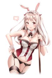 Rule 34 | 1girl, absurdres, animal ears, bare shoulders, bow, bowtie, breasts, brown hair, cleavage, detached collar, fishnet thighhighs, fishnets, garter belt, groin, hair ribbon, hand on own hip, haruka poi, headdress, heart, highres, large breasts, long hair, looking at viewer, maid headdress, open mouth, original, panties, rabbit ears, red eyes, ribbon, simple background, solo, spoken heart, stomach, thighhighs, thighs, two side up, underwear, white background, wrist cuffs