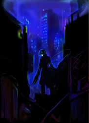Rule 34 | 00s, 1boy, back, black hair, black jacket, building, city, cityscape, darker than black, hei (darker than black), jacket, lowres, male focus, mask, night, solo, standing, wire