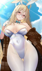 Rule 34 | 1girl, absurdres, akane (blue archive), akane (bunny) (blue archive), animal ears, aqua bow, aqua bowtie, bare shoulders, blonde hair, blue archive, blue bow, blue sky, bow, bowtie, breasts, breasts apart, brown eyes, cloud, covered navel, cowboy shot, detached collar, fake animal ears, glasses, gloves, gluteal fold, groin, highleg, highleg leotard, highres, large breasts, leotard, long hair, looking at viewer, mcic0, open clothes, pantyhose, parted lips, playboy bunny, rabbit ears, sky, smile, solo, thigh gap, thighs, white gloves, white leotard, white pantyhose