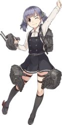 Rule 34 | 10s, 1girl, ;), arm up, belt, blouse, blue hair, blunt bangs, buttons, clenched hand, dress, facing viewer, full body, grey footwear, grey socks, gun, hair ribbon, holding, holding gun, holding weapon, kantai collection, kneehighs, konishi (koconatu), looking at viewer, machinery, official art, one eye closed, ooshio (kancolle), ooshio kai ni (kancolle), pinafore dress, ribbon, school uniform, serafuku, shirt, shoes, short hair, sleeveless, sleeveless dress, smile, socks, solo, standing, suspenders, thigh strap, torpedo, transparent background, turret, twintails, weapon, white shirt