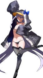 Rule 34 | 1girl, animal hood, arm up, armor, bad id, bad pixiv id, bare shoulders, bikini, black bikini, black jacket, blue bow, blue eyes, bow, breasts, choker, collarbone, fate/grand order, fate (series), full body, greaves, hood, hood up, jacket, leg up, legs, long hair, looking at viewer, meltryllis, meltryllis (fate), meltryllis (swimsuit lancer) (fate), meltryllis (swimsuit lancer) (first ascension) (fate), navel, open clothes, open jacket, osomatsu-kun, penguin hood, prosthesis, prosthetic leg, purple hair, sheeeh!, simple background, sleeves past fingers, sleeves past wrists, small breasts, smile, solo, summer sky, swimsuit, very long hair, white background