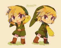 Rule 34 | 1boy, artist name, belt, black eyes, blonde hair, blush, boots, brown belt, brown footwear, closed eyes, closed mouth, commentary request, expressionless, green background, green headwear, green shirt, green tunic, grin, hair between eyes, hat, link, long sleeves, looking at viewer, looking back, male focus, multiple persona, multiple views, nintendo, pointy ears, shirt, short hair, sidelocks, simple background, sitting, smile, teeth, the legend of zelda, the legend of zelda: phantom hourglass, the legend of zelda: spirit tracks, the legend of zelda: the wind waker, tokuura, toon link, tunic, twitter username, u u, v-shaped eyebrows