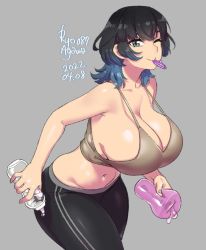 Rule 34 | 1girl, agawa ryou, artificial vagina, artist name, bare shoulders, beige shirt, black hair, black leggings, blue hair, bottle, breasts, cleavage, closed mouth, collarbone, commentary, condom, condom in mouth, cowboy shot, crop top, dated, double vertical stripe, dripping, english commentary, gradient hair, green eyes, grey background, groin, holding, holding bottle, huge breasts, jpeg artifacts, leggings, long hair, looking at viewer, lube, midriff, mouth hold, multicolored hair, navel, numbered, one eye closed, original, sex toy, sideboob, simple background, skindentation, smile, solo, spaghetti strap, strap gap, two-tone hair