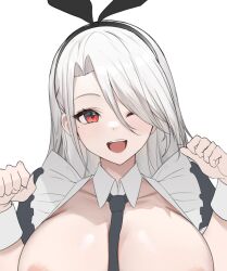 Rule 34 | 1girl, azur lane, bow, bowtie, breasts, breasts out, hair ornament, huge breasts, large breasts, long hair, luse maonang, mole, mole under eye, one eye closed, open mouth, prinz heinrich (azur lane), red eyes, simple background, smile, solo, upper body, white background, white hair