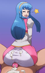 Rule 34 | 1girl, ass, blue hair, breasts, brown eyes, buttjob, buttjob over clothes, clothed female nude male, cum, cum on ass, cum on clothes, cum on self, dress, estpolis denki, estpolis denki ii, hairband, happy, hetero, highres, huge ass, long hair, looking at viewer, looking back, lufia, lying, mosbles, narrow waist, nude, on back, one eye closed, open mouth, penis, sitting, sitting on person, small breasts, smile, tia (estpolis denki), uncensored, wide hips, wink