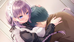 Rule 34 | 1girl, apron, between breasts, blush, braid, breast smother, breasts, dutch angle, embarrassed, eyebrows hidden by hair, face to breasts, faceless, faceless male, game cg, highres, hug, indoors, large breasts, long braid, maid, maid headdress, original, parted lips, pink hair, purple eyes, rubi-sama, single braid, smile, standing, upper body