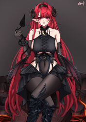 Rule 34 | 1girl, absurdres, ahoge, asahina tou, azur lane, bare shoulders, black gloves, black headband, black horns, breasts, center cross lace, center frills, clothing cutout, covered navel, crossed legs, curled horns, demon girl, demon wings, elbow gloves, frilled gloves, frills, gloves, gradient background, headband, highres, hindenburg (azur lane), horns, large breasts, long hair, looking at viewer, pantyhose, pink pupils, pointy ears, red hair, solo, underboob, underboob cutout, very long hair, wings
