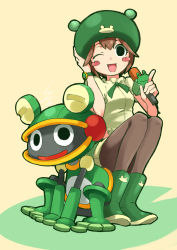 Rule 34 | 1girl, ;d, black eyes, black pantyhose, blush stickers, boots, breasts, brown hair, eyebrows, frog, green footwear, green ribbon, hand on headwear, hand up, hat, holding, holding microphone, index finger raised, io naomichi, legs together, lily pad, mega man (series), mega man battle network, mega man battle network (series), mega man battle network 2, microphone, one eye closed, open mouth, pantyhose, puffy short sleeves, puffy sleeves, red hat, ribbon, ribitta (mega man), rubber boots, short hair, short sleeves, sitting, small breasts, smile, toadman.exe, watch, wristwatch