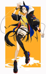 Rule 34 | 1girl, absurdres, adapted costume, air shakur (umamusume), animal ears, arm up, belt, black belt, black choker, black footwear, black hair, black nails, black thighhighs, blue hoodie, blue nails, border, bracelet, cellphone, chicken (xfd7461), choker, commentary request, earbuds, earphones, ears through headwear, eyebrow piercing, full body, fur-trimmed jacket, fur trim, highres, holding, holding phone, hood, hoodie, horse ears, horse girl, horse tail, jacket, jewelry, long hair, long sleeves, looking at viewer, midriff, multicolored nails, multicolored shirt, nail polish, phone, piercing, puffy sleeves, red nails, shirt, shoes, shorts, single thighhigh, smartphone, sneakers, solo, spiked anklet, tail, thighhighs, tongue, tongue out, torn clothes, torn thighhighs, umamusume, white border, white shorts, yellow background, yellow eyes, yellow nails, yellow shirt