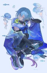 Rule 34 | 1boy, absurdres, arknights, blue cape, blue hair, boots, bubble, cape, closed mouth, clothing cutout, detached sleeves, fish, highres, hood, hood down, hooded cape, infection monitor (arknights), jellyfish, male focus, mizuki (arknights), pantyhose, pantyhose under shorts, pink eyes, see-through cape, short hair with long locks, shorts, smile, solo, trap, white background, yomotobi
