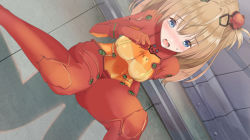 Rule 34 | 1girl, blonde hair, blue eyes, blush, bodysuit, breasts, clothes writing, covered navel, dutch angle, embarrassed, female focus, hand up, have to pee, headgear, long hair, medium breasts, neon genesis evangelion, nose blush, open mouth, outdoors, plugsuit, popitin pontin, red bodysuit, sitting, solo, souryuu asuka langley, sweat, tears, teeth, test plugsuit