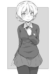 Rule 34 | 1girl, absurdres, arm behind back, braid, closed mouth, commentary request, cowboy shot, darjeeling (girls und panzer), dress shirt, emblem, girls und panzer, greyscale, hand on own chest, highres, long sleeves, looking at viewer, miniskirt, monochrome, necktie, outside border, pantyhose, partial commentary, pleated skirt, renshiu, school uniform, shirt, short hair, skirt, smile, solo, st. gloriana&#039;s school uniform, standing, sweater, twin braids, v-neck, wing collar