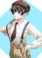 Rule 34 | 1boy, black hair, blue eyes, brown pants, buttons, cabbie hat, charlemagne (fate), collared shirt, fate/grand order, fate (series), hand in pocket, hat, highres, long sleeves, looking at viewer, male focus, multicolored hair, necktie, official alternate costume, pants, pon-de-c2, ribbed shirt, shirt, short hair, smile, solo, streaked hair, suspenders, two-tone hair, white hair