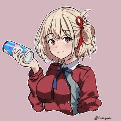 Rule 34 | 1girl, blonde hair, blue ribbon, can, closed mouth, collared shirt, commentary, cropped torso, dress, energy drink, english commentary, grey dress, hair ribbon, hand up, holding, holding can, kotorigaka, light blush, long sleeves, looking at viewer, lycoris recoil, lycoris uniform, mixed-language commentary, neck ribbon, nishikigi chisato, pink background, red bull, red dress, red eyes, red ribbon, ribbon, shirt, short hair, simple background, smile, solo, split mouth, twitter username, two-tone dress, upper body, white shirt