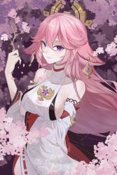 Rule 34 | 1girl, animal ears, bare shoulders, branch, breasts, cherry blossoms, collarbone, commentary request, detached sleeves, earrings, floppy ears, fox ears, genshin impact, hair ornament, highres, holding, holding branch, japanese clothes, jewelry, large breasts, light blush, light smile, long hair, looking at viewer, low-tied long hair, miko, outdoors, petals, pink background, pink hair, priestess, purple eyes, ribbon-trimmed sleeves, ribbon trim, sideboob, solo, tree, tu shan, upper body, vision (genshin impact), wide sleeves, yae miko